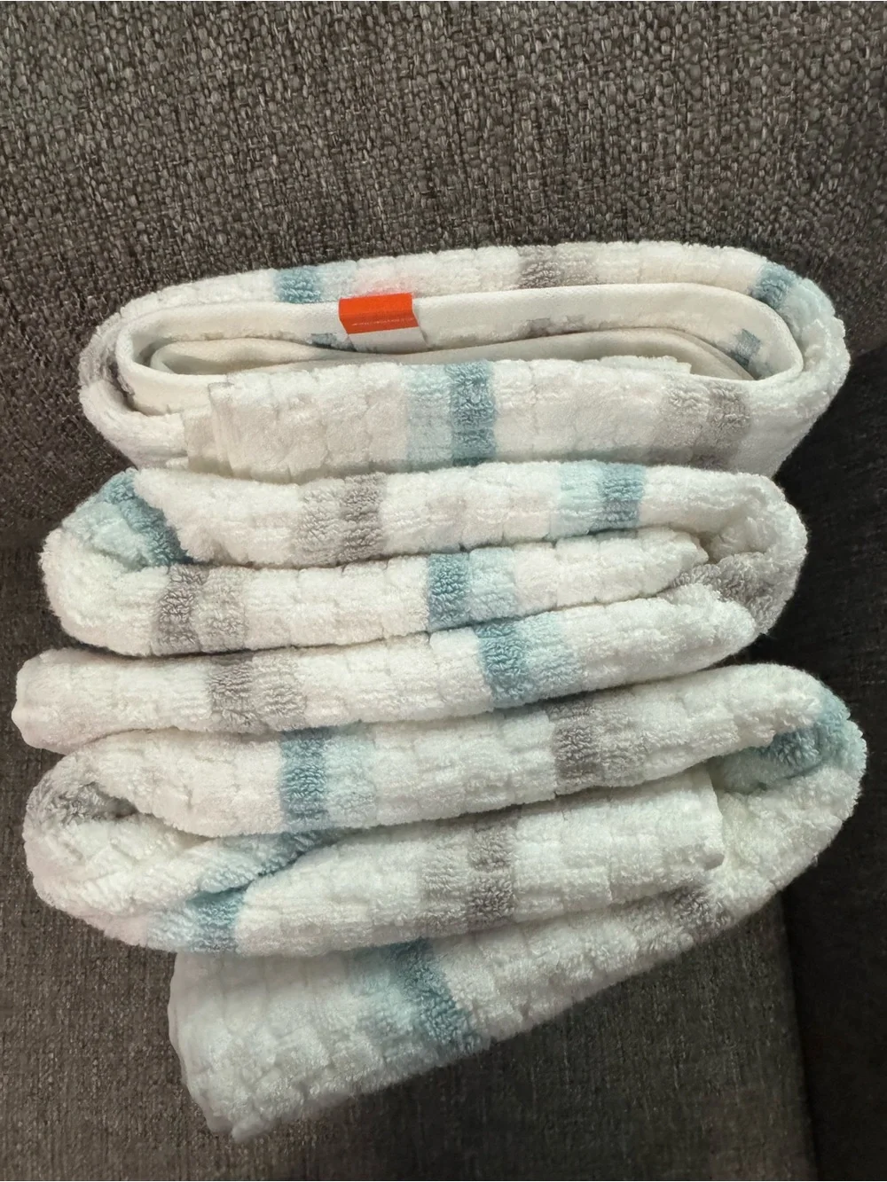 3 Soft White Waffle Weave Bath Towel with Teal and Gray Stripes Brand New